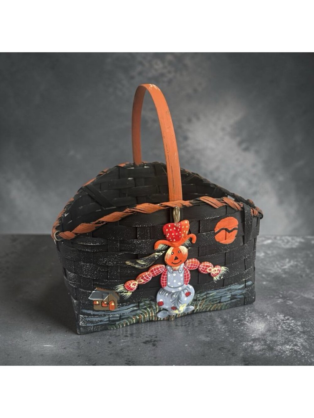 Vintage 90s Hand painted Halloween Basket Pumpkin Scarecrow Decor Fall